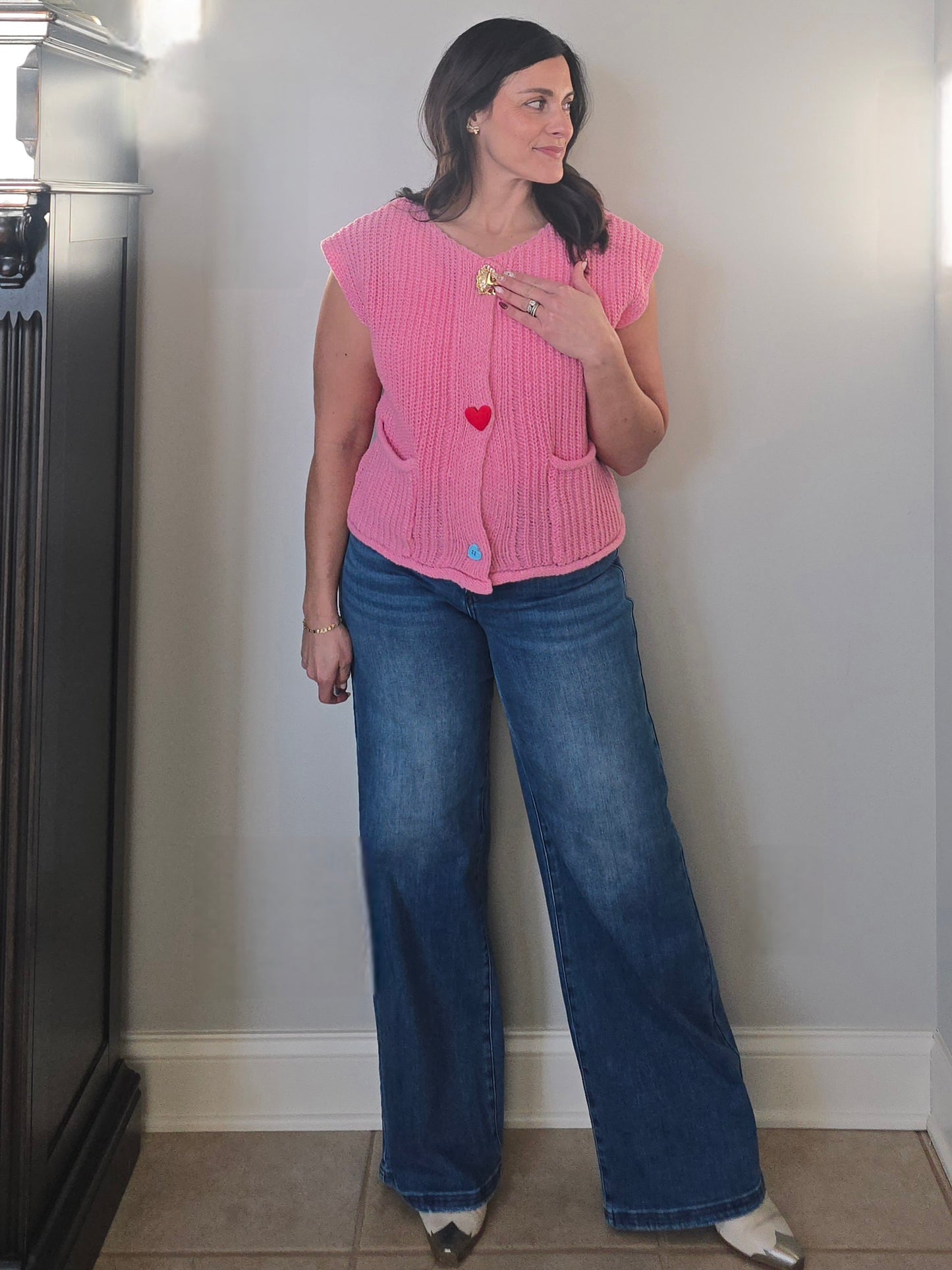 Pink Knit Heart Button Vest