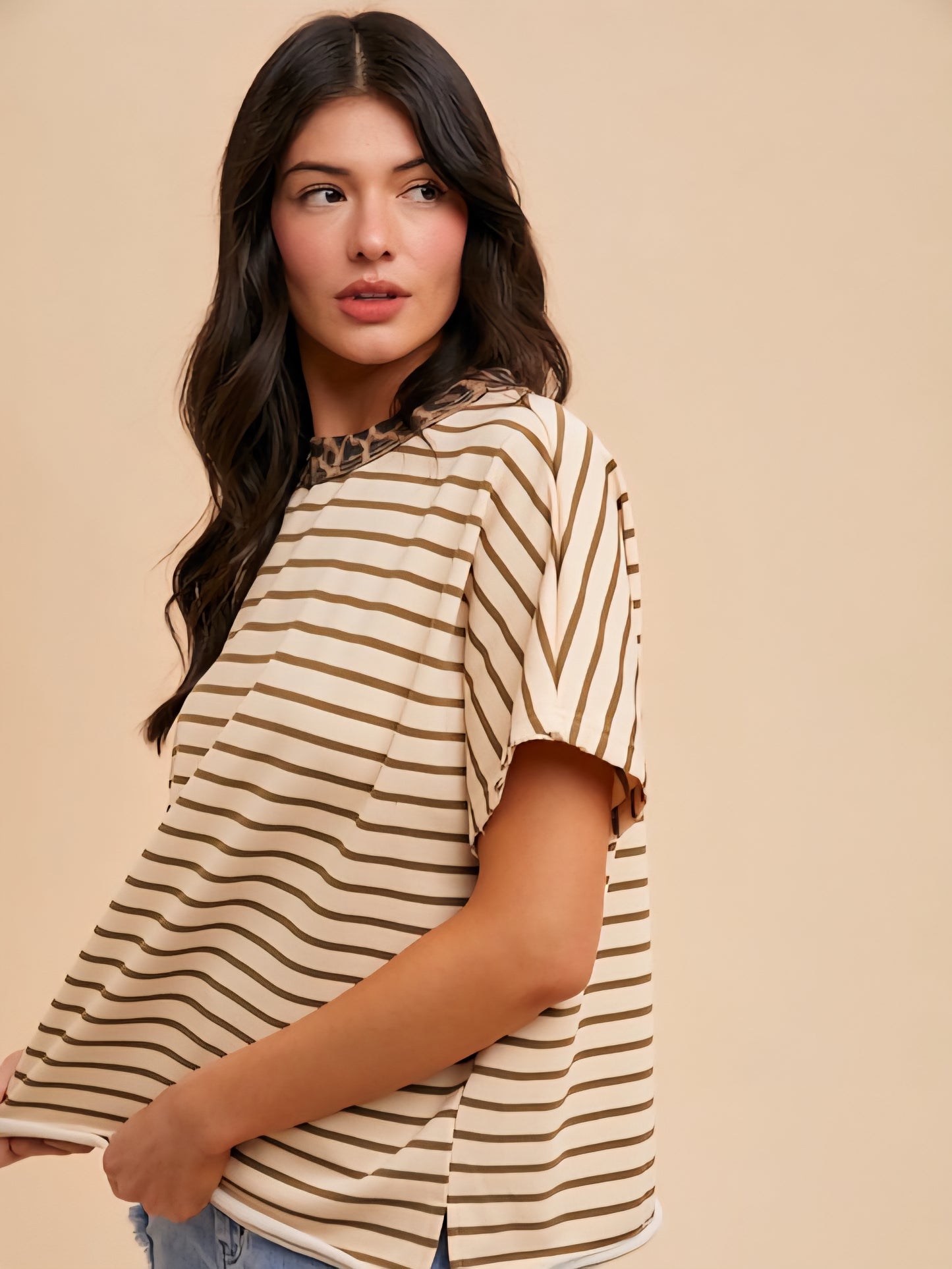 Striped French Terry Top with Leopard Trim Neckline
