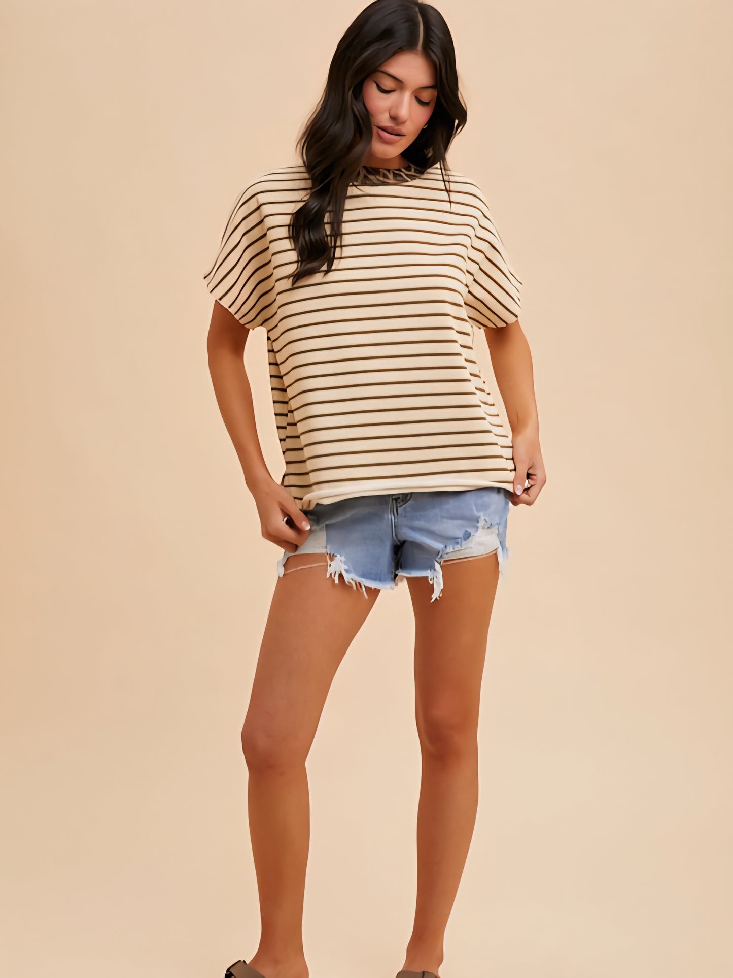 Striped French Terry Top with Leopard Trim Neckline