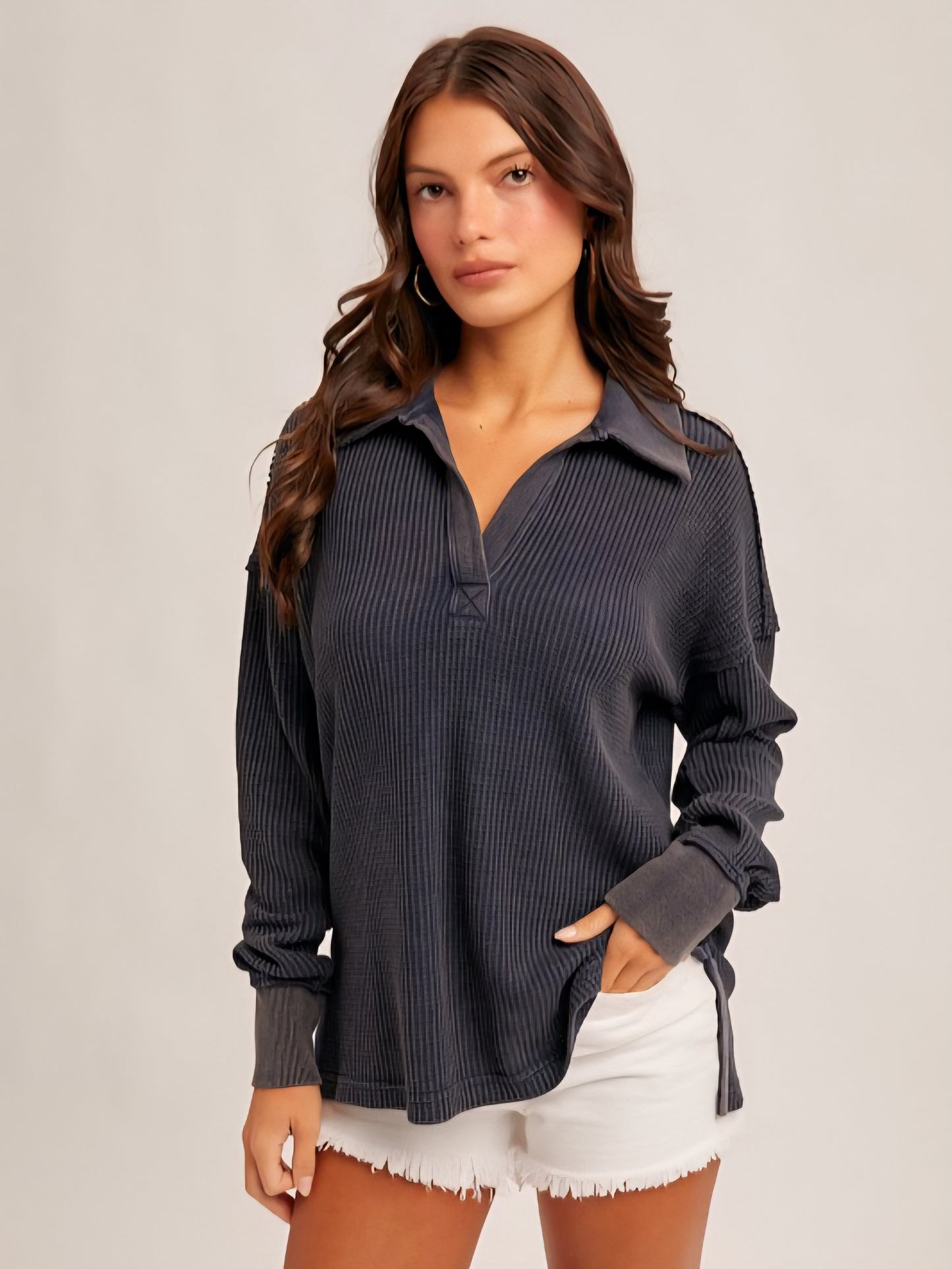 Waffle Knit Collared Pullover