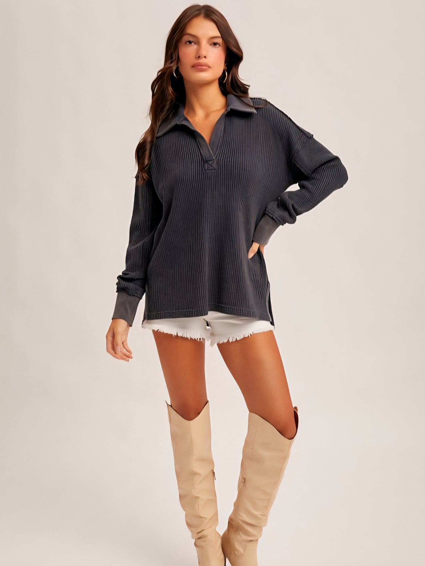 Waffle Knit Collared Pullover