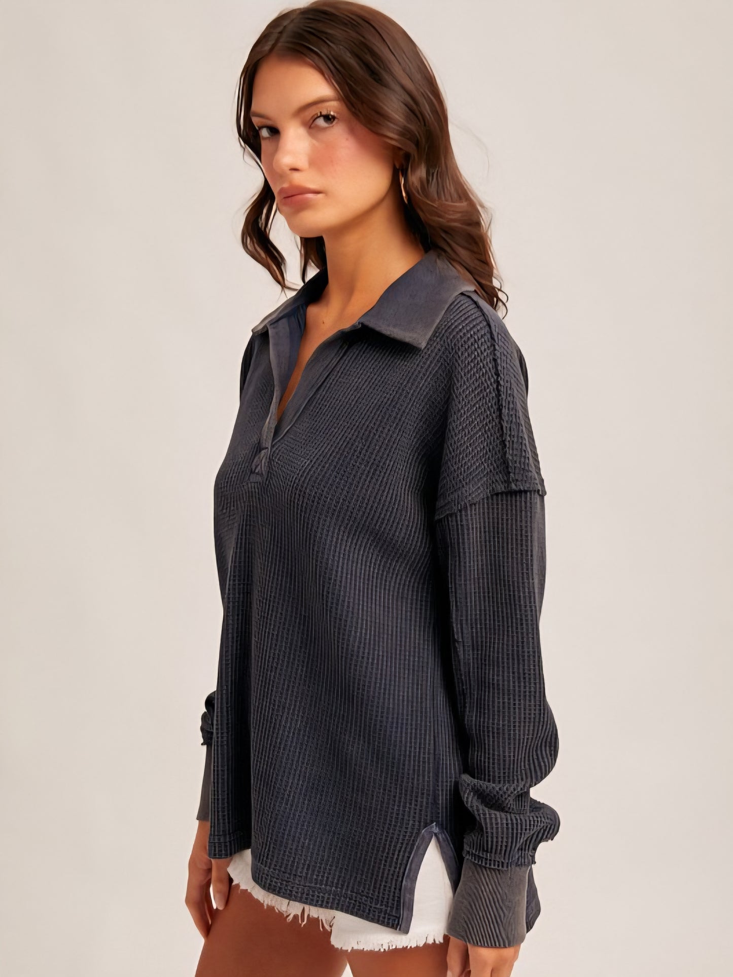 Waffle Knit Collared Pullover