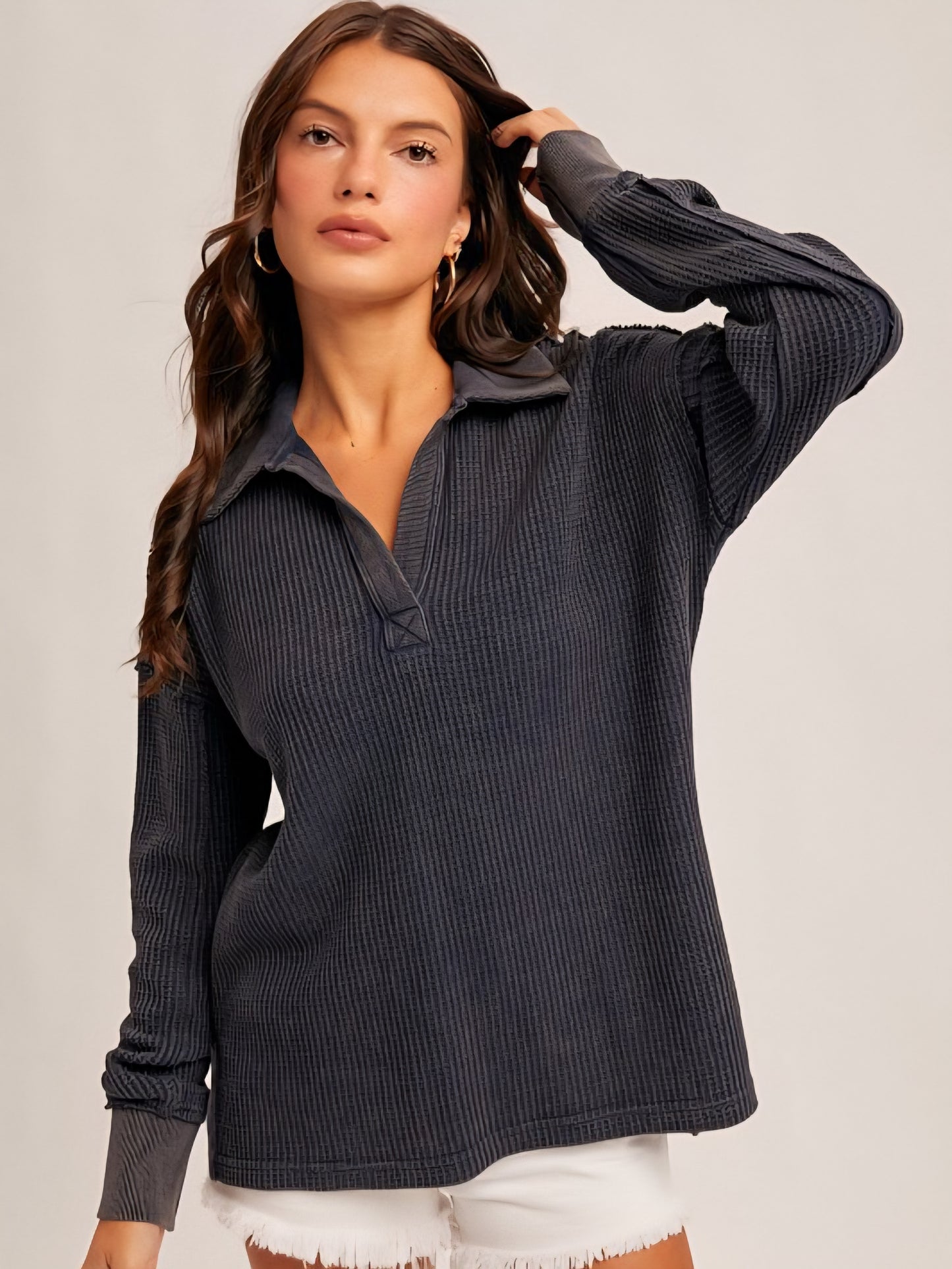 Waffle Knit Collared Pullover