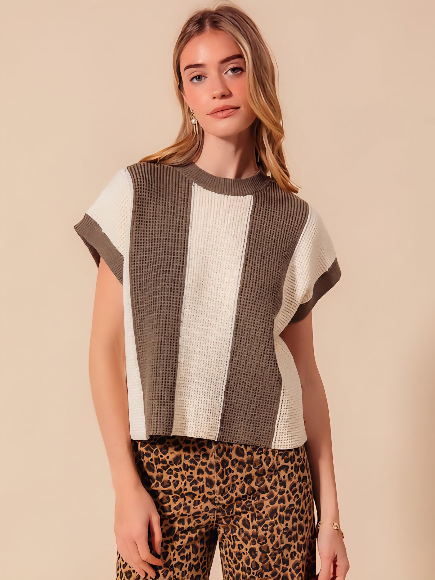Waffle Texture Wide Vertical Stripe Top