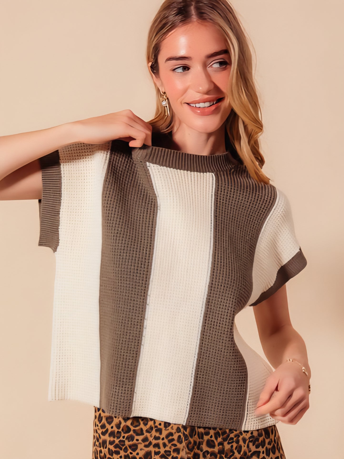 Waffle Texture Wide Vertical Stripe Top