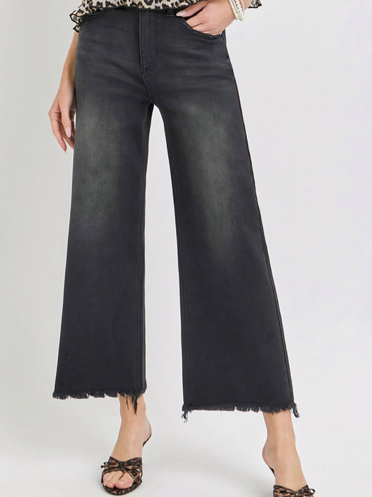 High Rise Wide Leg Frayed Ankle Jeans