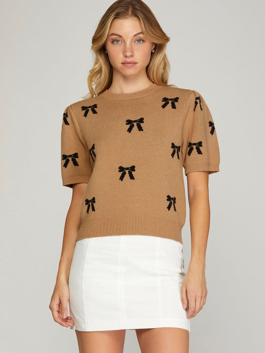 Camel Puff Sleeve Bow Pattern Sweater