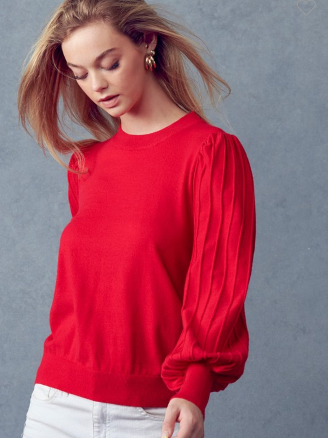 Red Pleated Sleeve Sweater