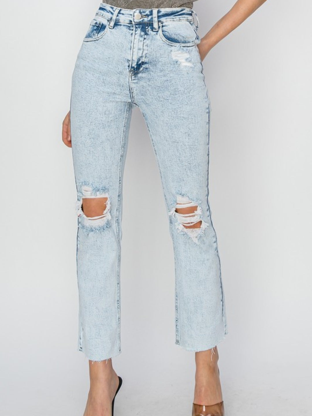 High Rise Acid Wash Distressed Jeans