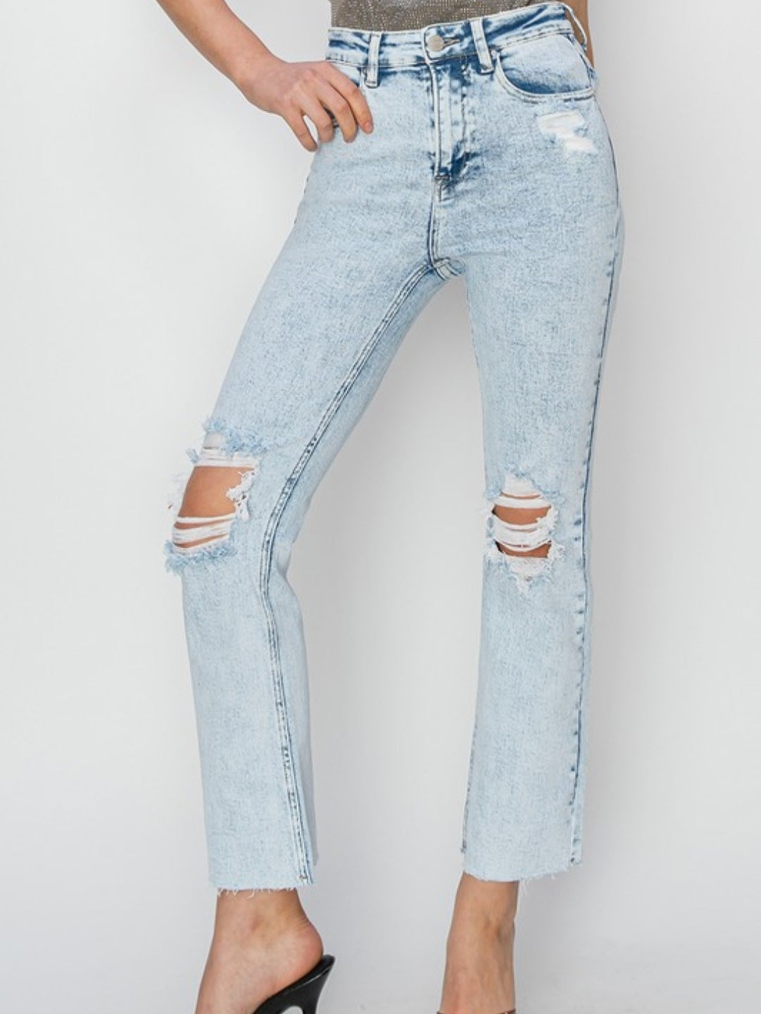 High Rise Acid Wash Distressed Jeans