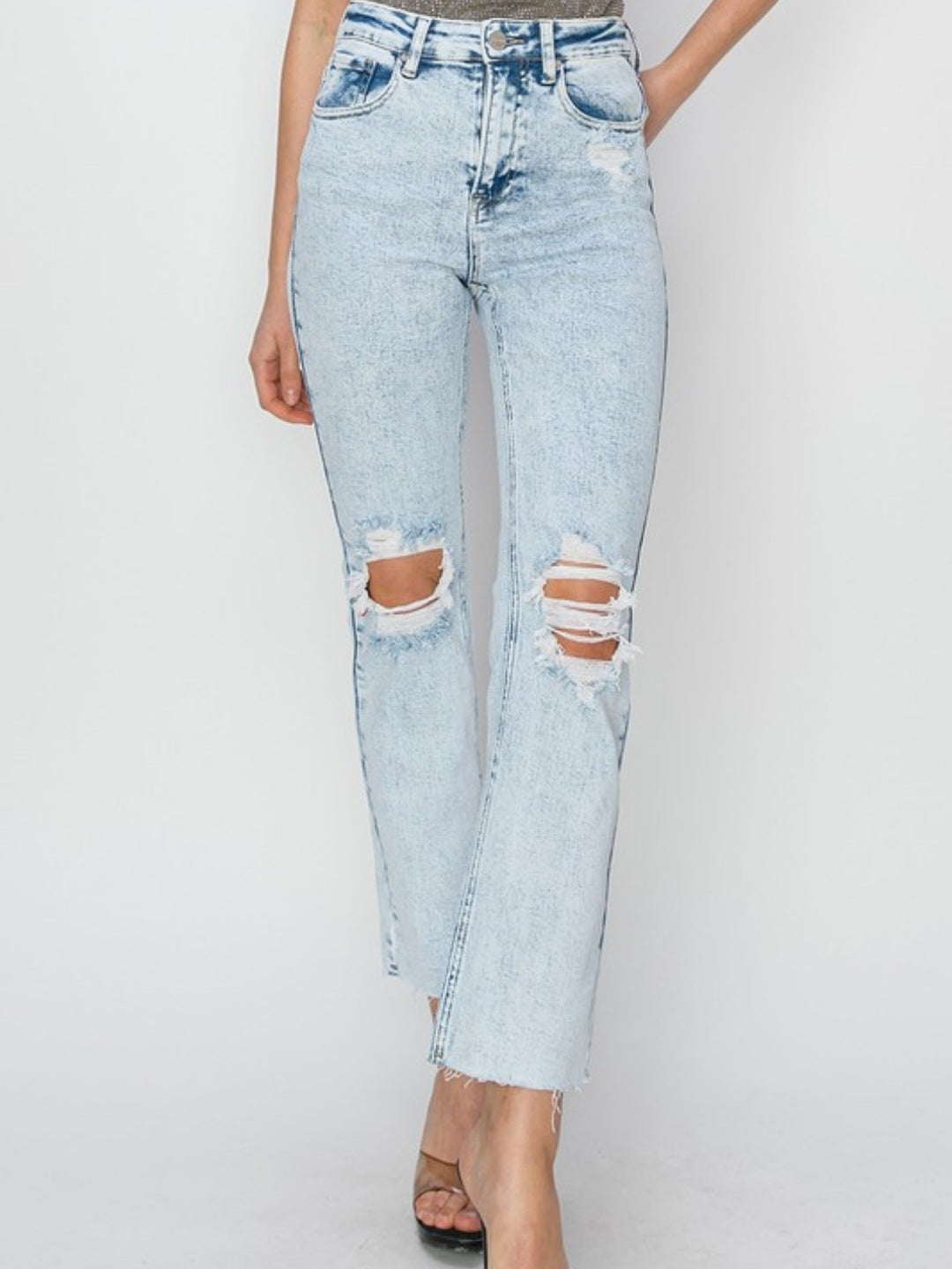 High Rise Acid Wash Distressed Jeans