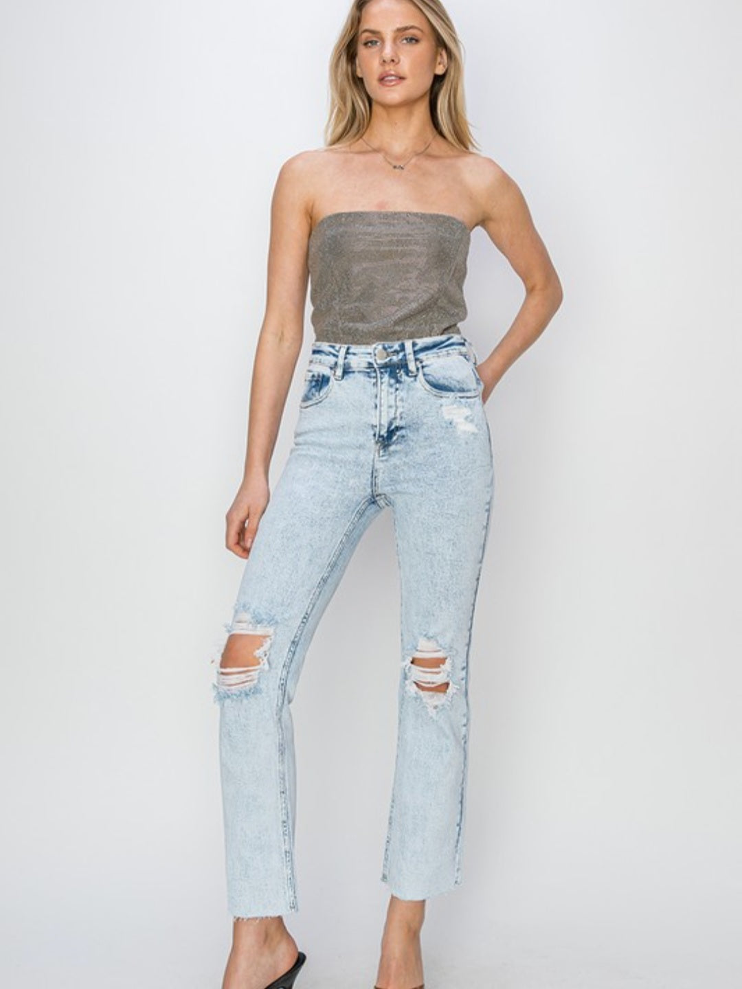 High Rise Acid Wash Distressed Jeans