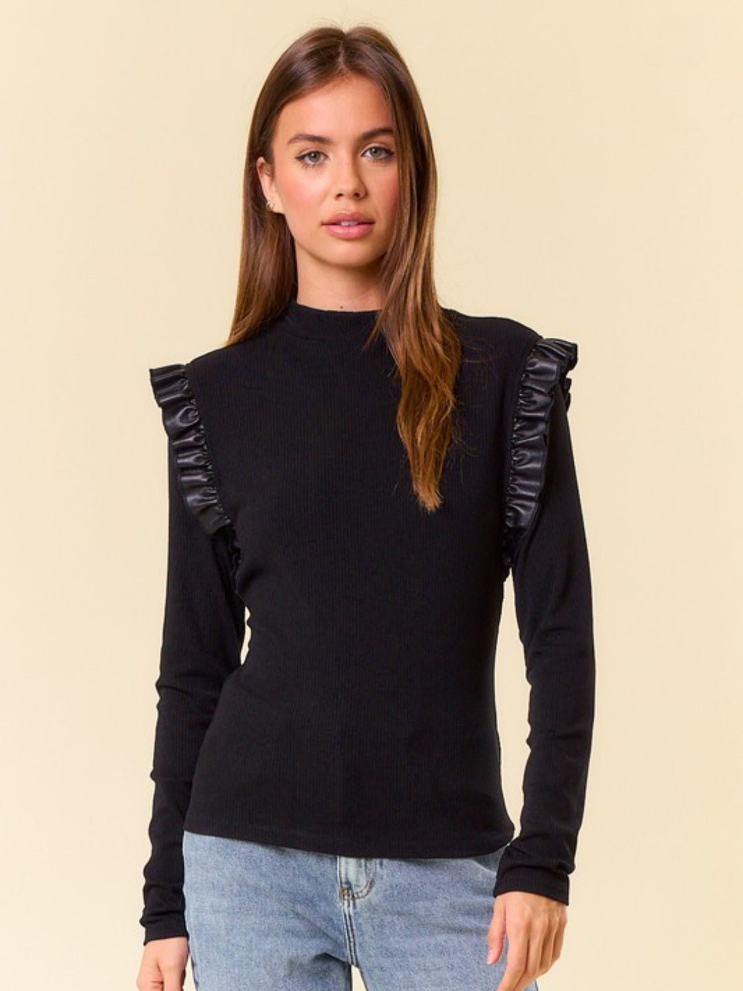 Black Faux Leather Ruffle Sleeve Top