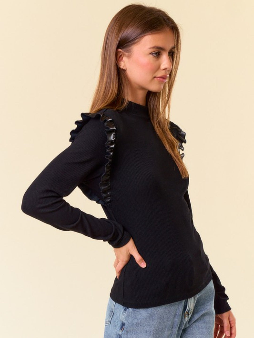 Black Faux Leather Ruffle Sleeve Top