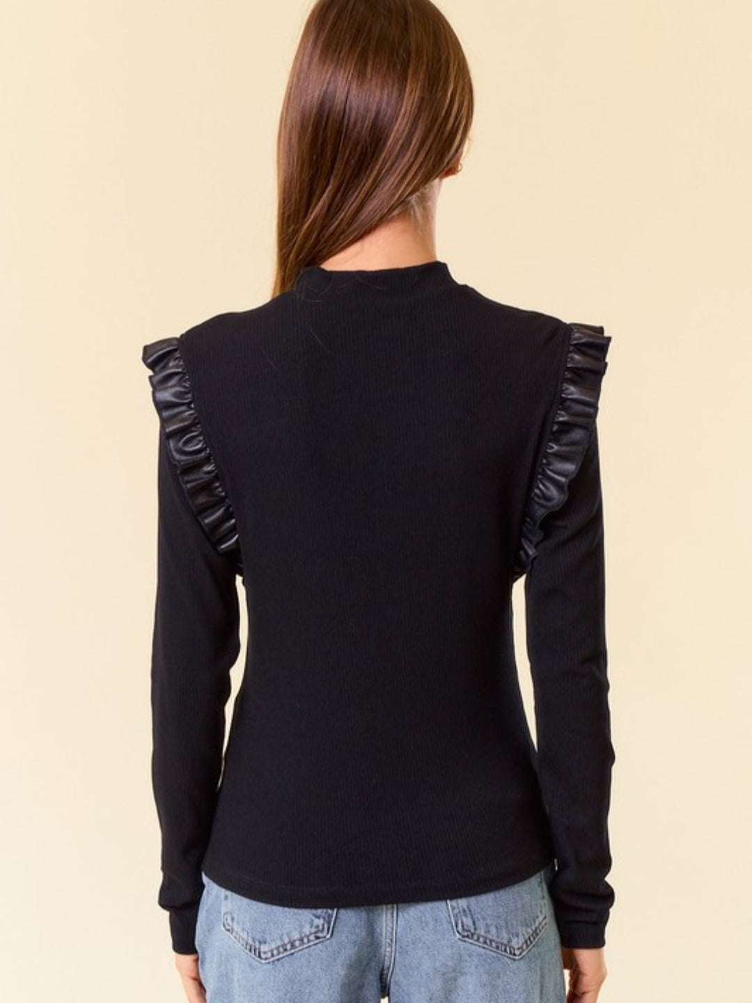 Black Faux Leather Ruffle Sleeve Top