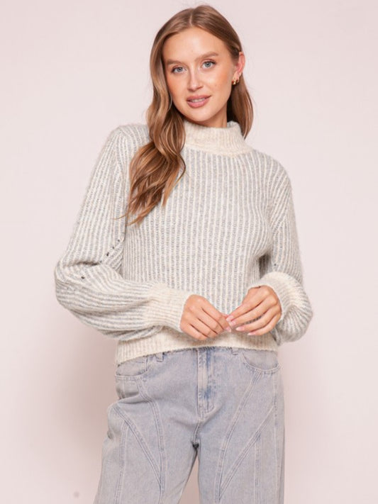 Grey and Cream Rib Knit Sweater