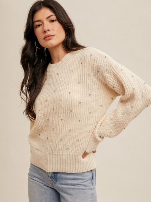 Rhinestone Embellished Cream Sweater