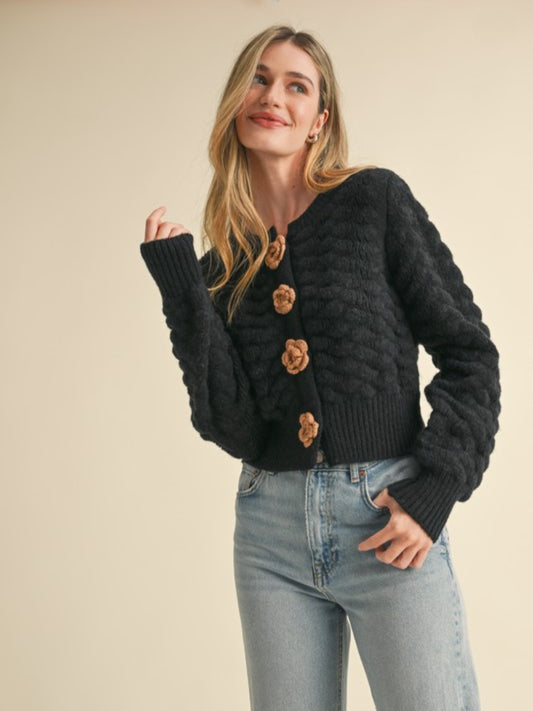 Textured Cardigan With Rosette Closures