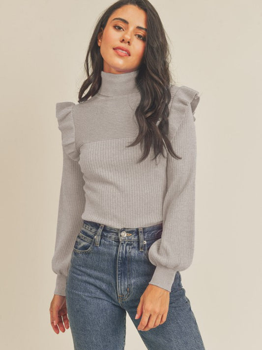 Ruffle Shoulder Turtleneck Sweater