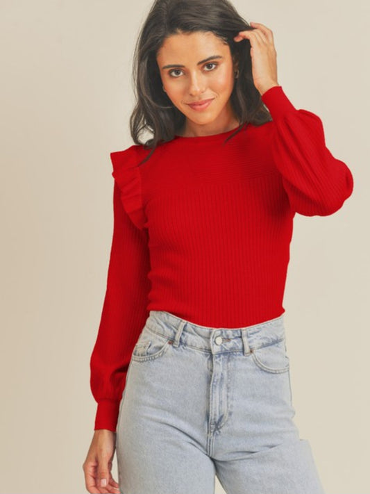 Ruffle Shoulder Crew Neck Sweater