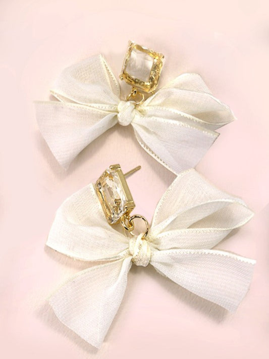 Rhinestone + Ivory Chiffon Bow Drop Earrings