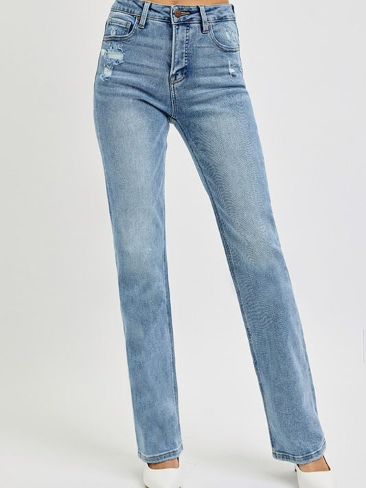 Tummy Control High Rise Straight Leg Jeans with Distressing