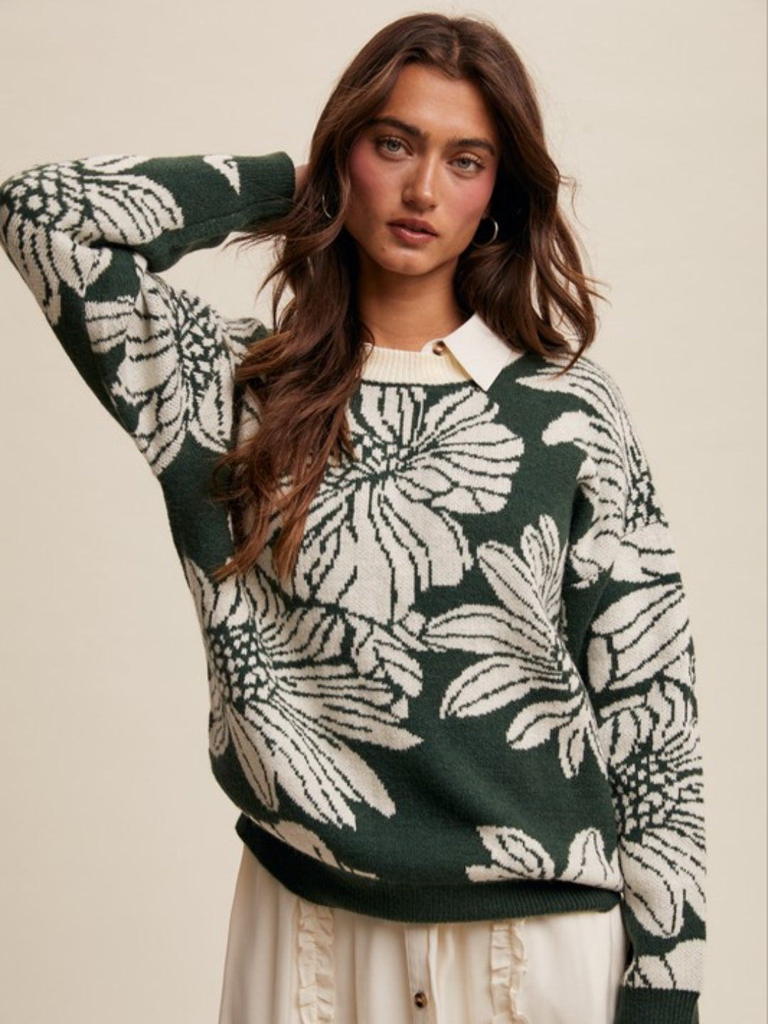 Hunter Green Floral Print Crewneck Sweater