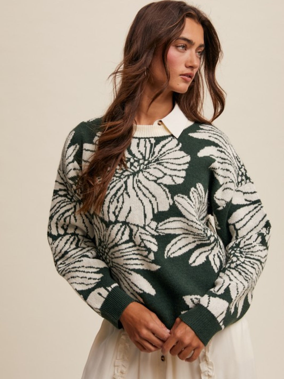 Hunter Green Floral Print Crewneck Sweater