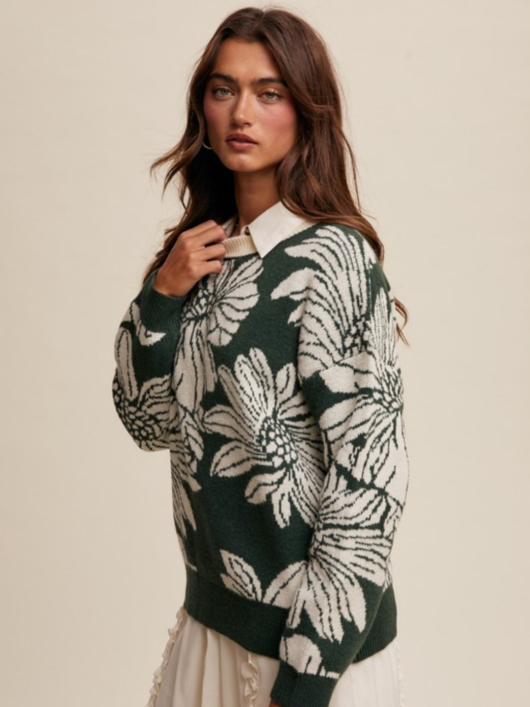 Hunter Green Floral Print Crewneck Sweater