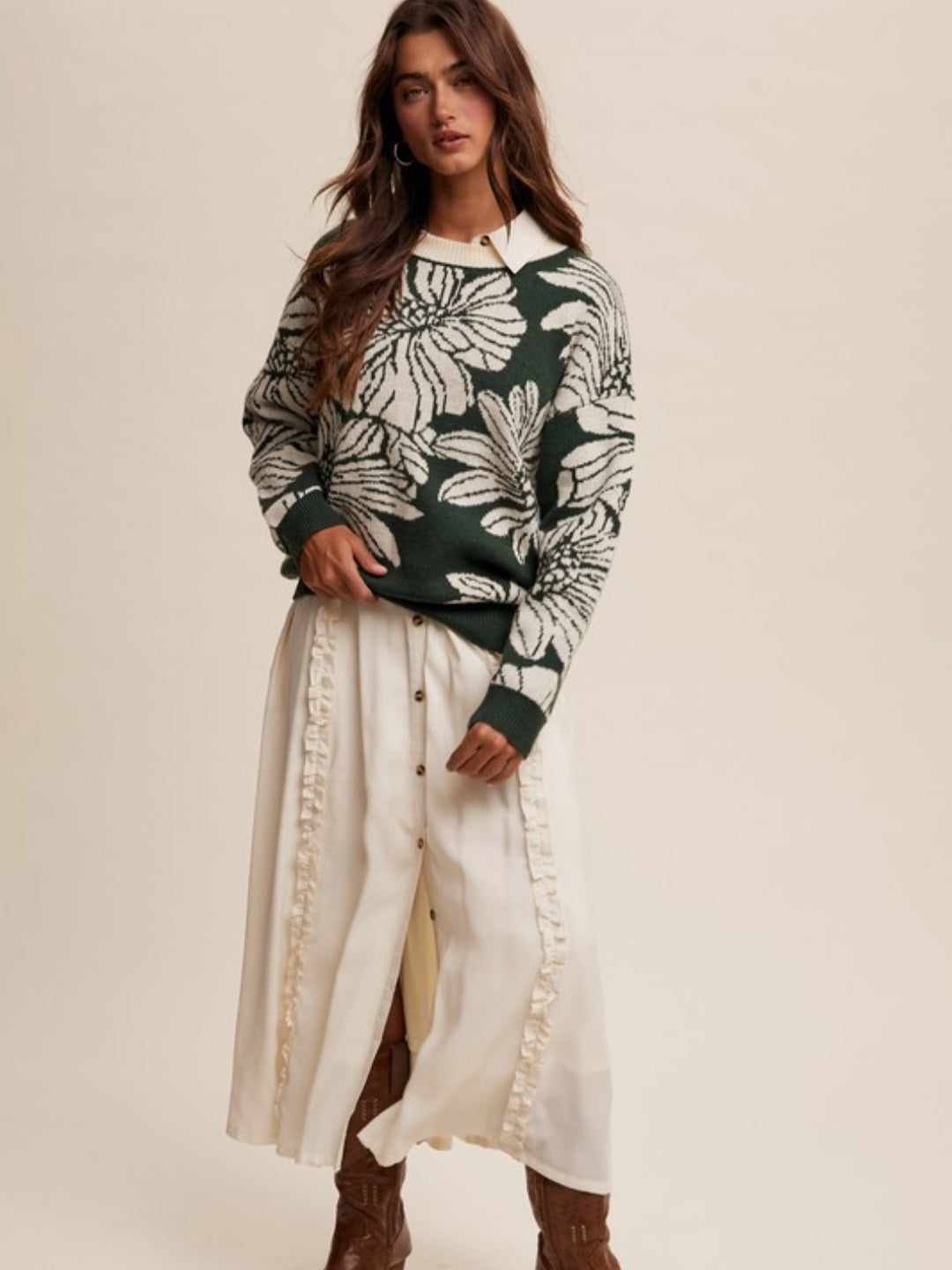 Hunter Green Floral Print Crewneck Sweater