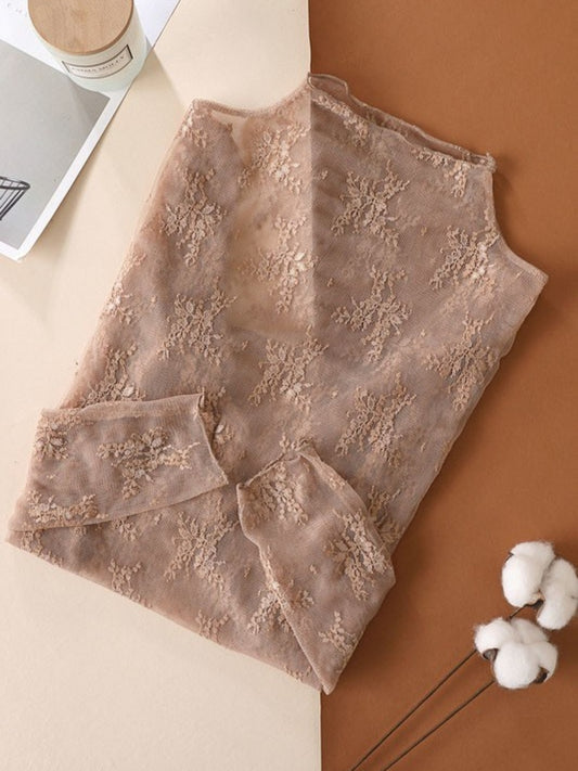 Taupe Sheer Lace Mock Neck Top