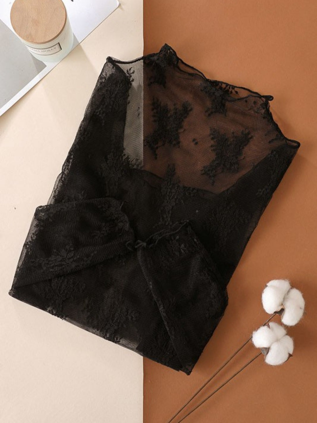 Black Sheer Lace Mock Neck Top