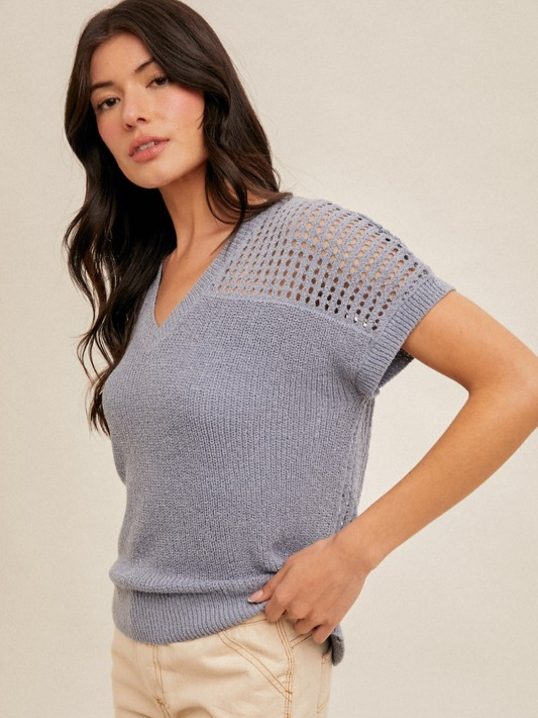 V-Neck Fishnet Back Knit Sweater
