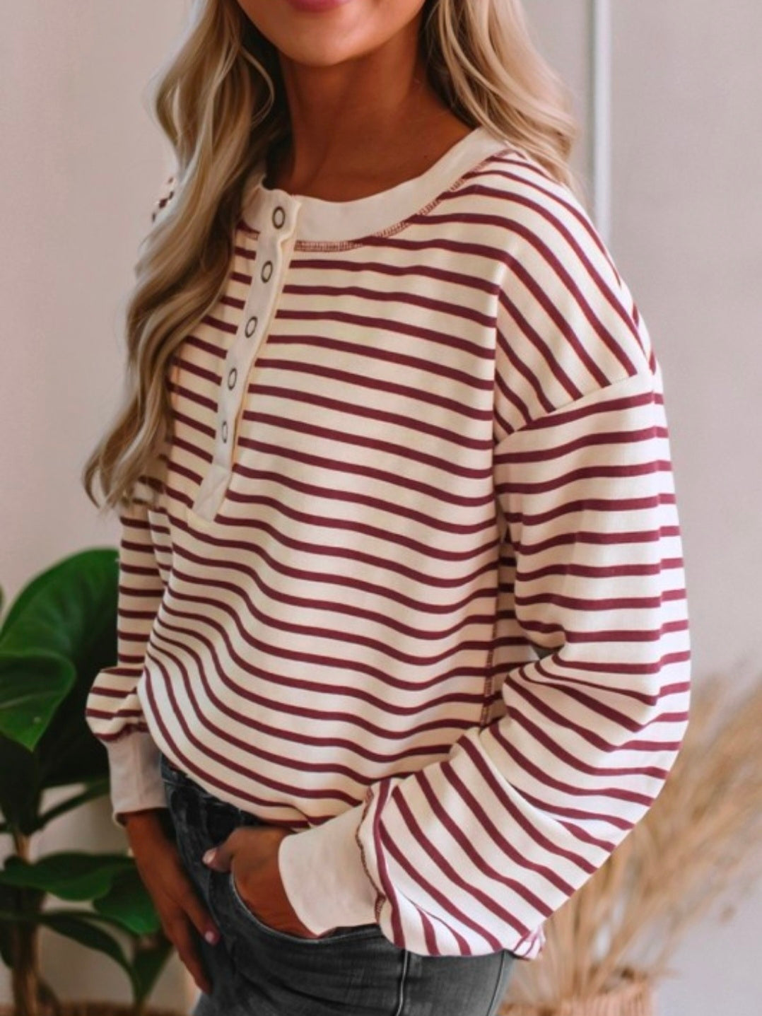 Striped Henley Snap Top