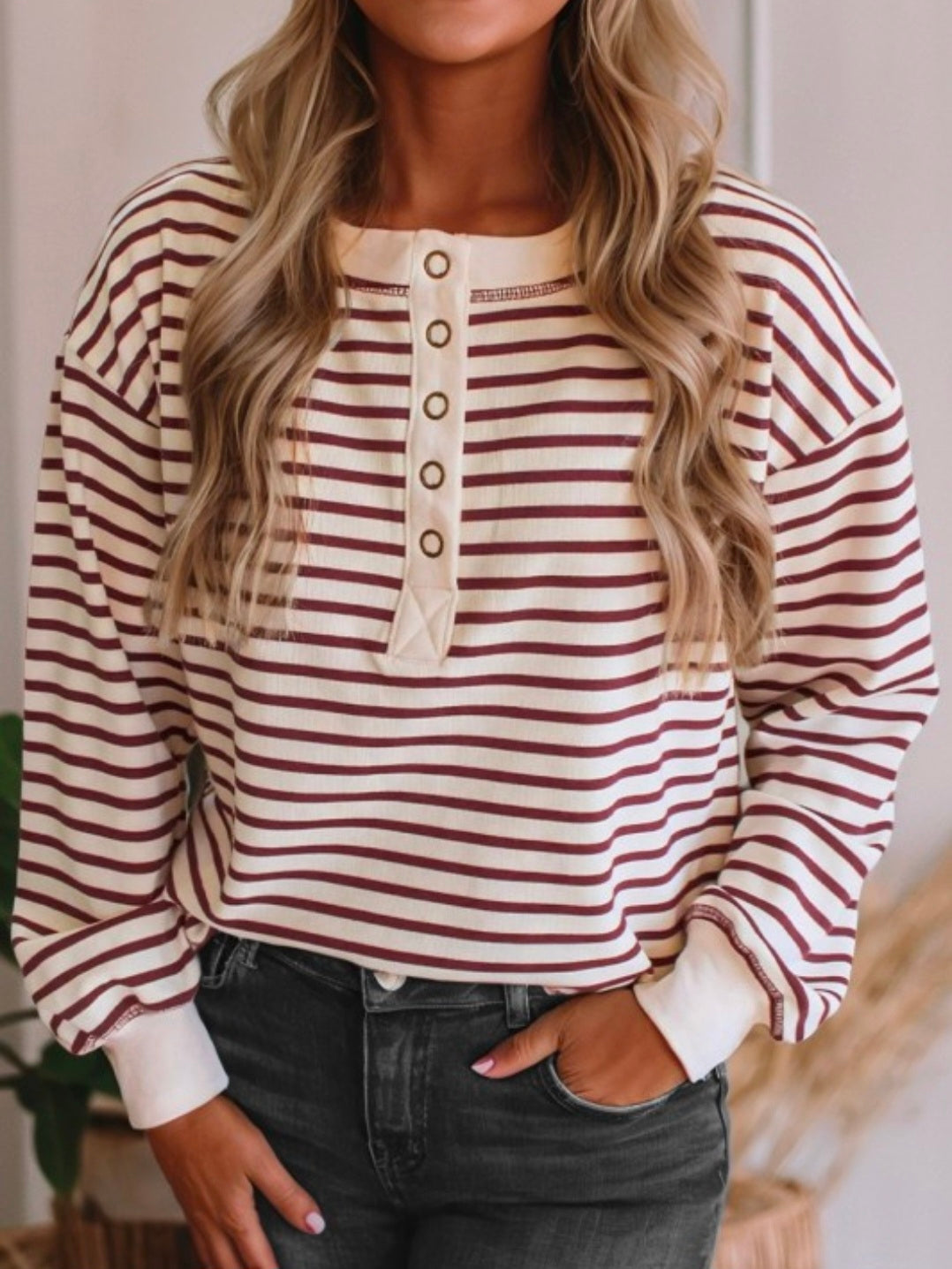 Striped Henley Snap Top