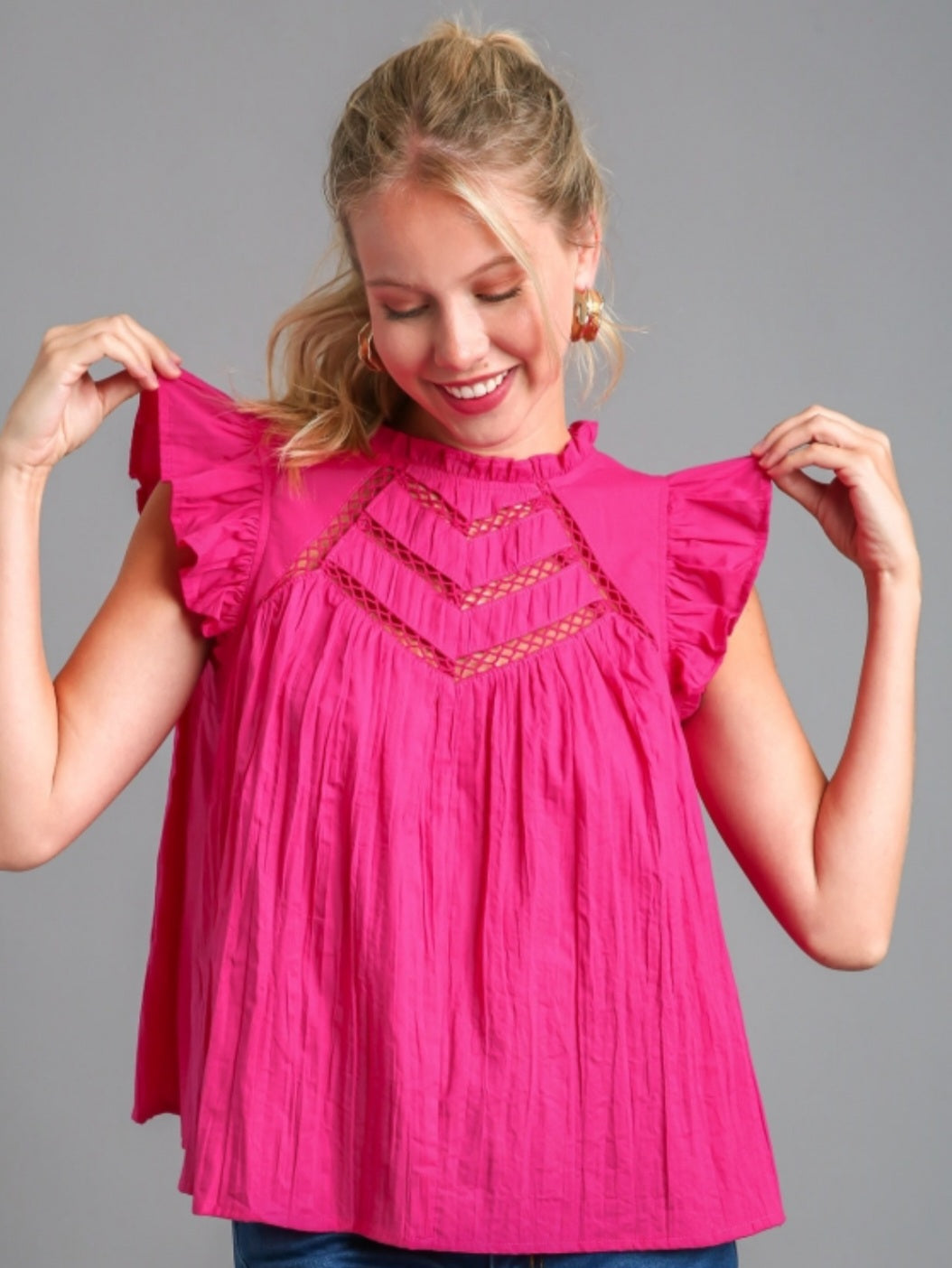 Pink Ruffle Front Tops Crinkle Ruffle Top with Front Detail – LuluLuxe Designs & Co.