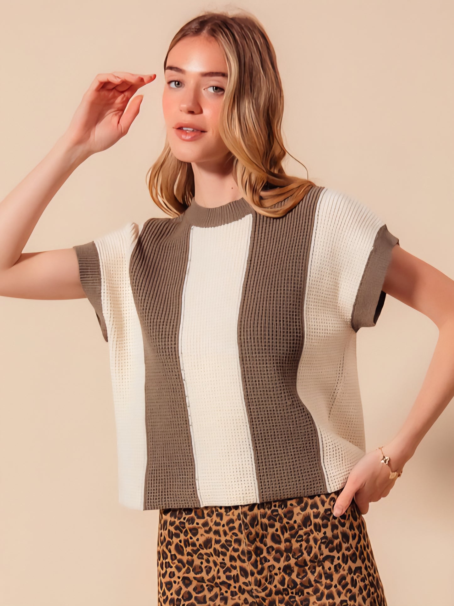 Waffle Texture Wide Vertical Stripe Top