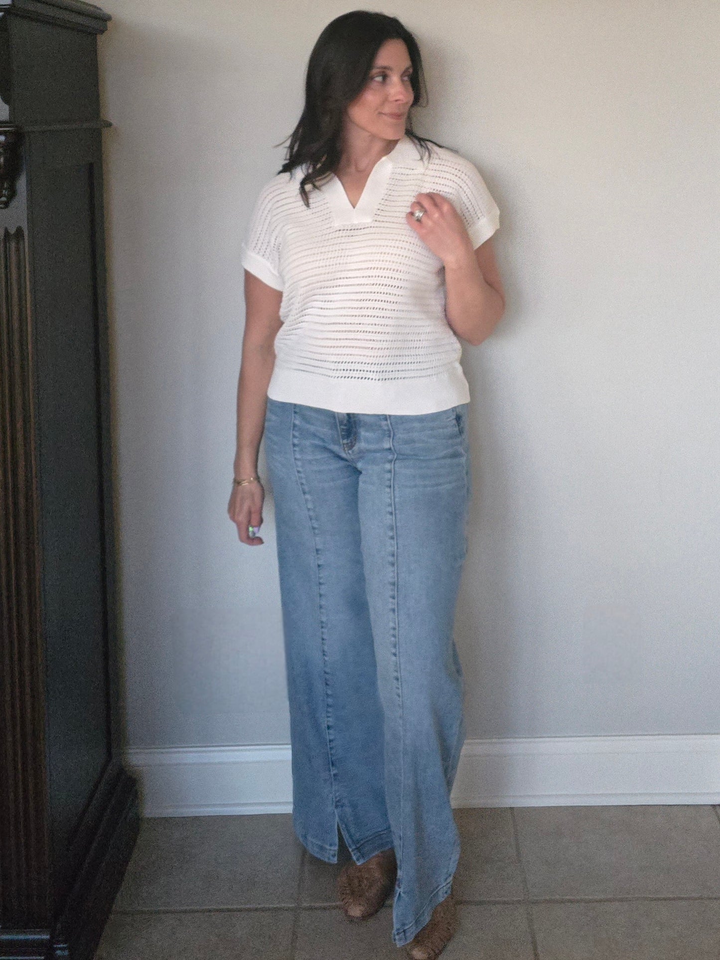 Cream Open Knit Polo