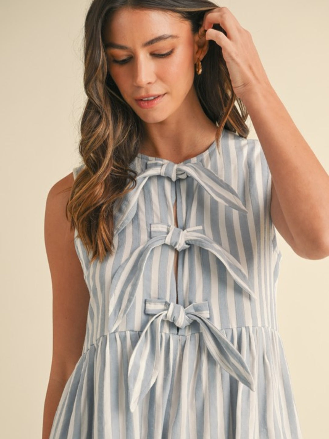 Vertical Stripe Front Bow Detail Dress