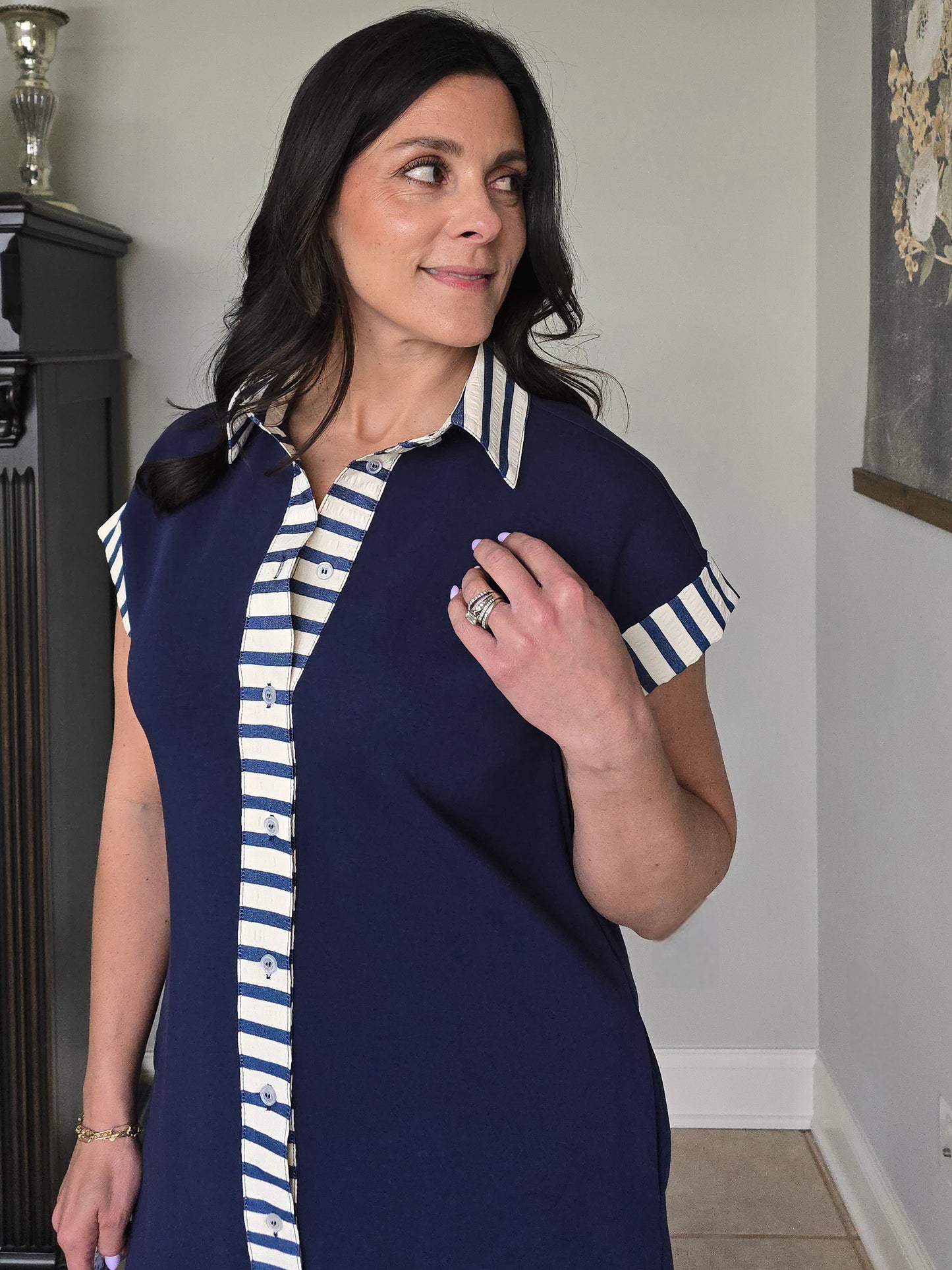 Navy Collared Stripe Accent Dress