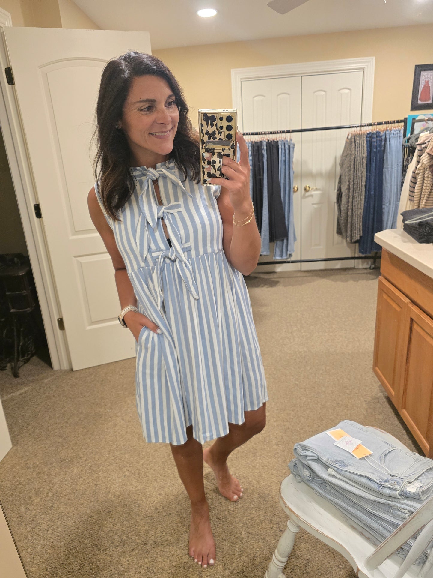 Vertical Stripe Front Bow Detail Dress