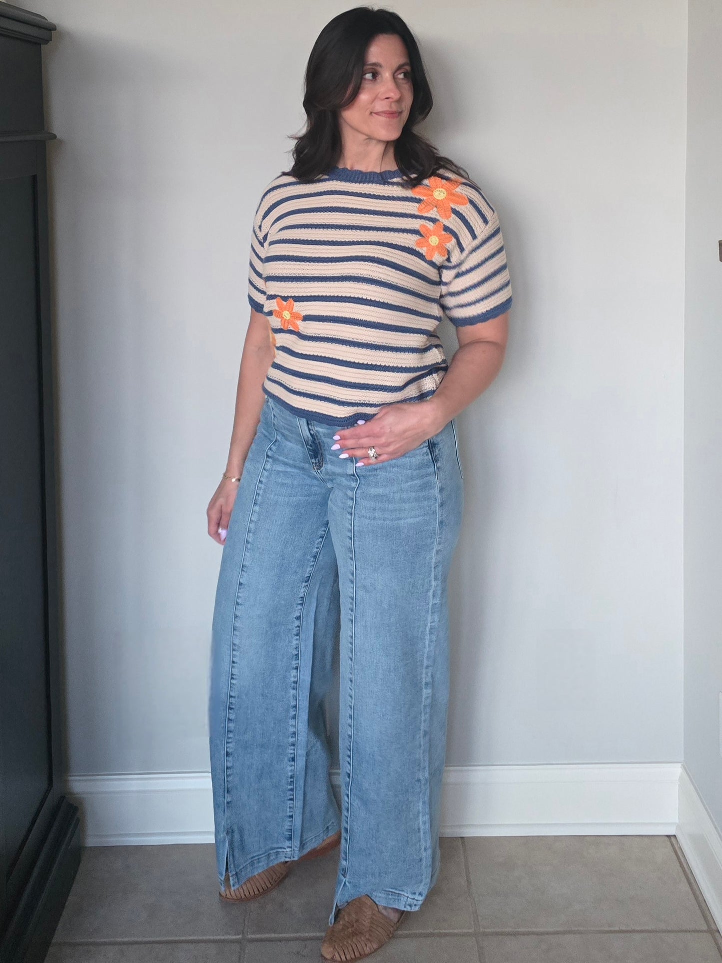 Daisy Embroidered Stripe Knit Top