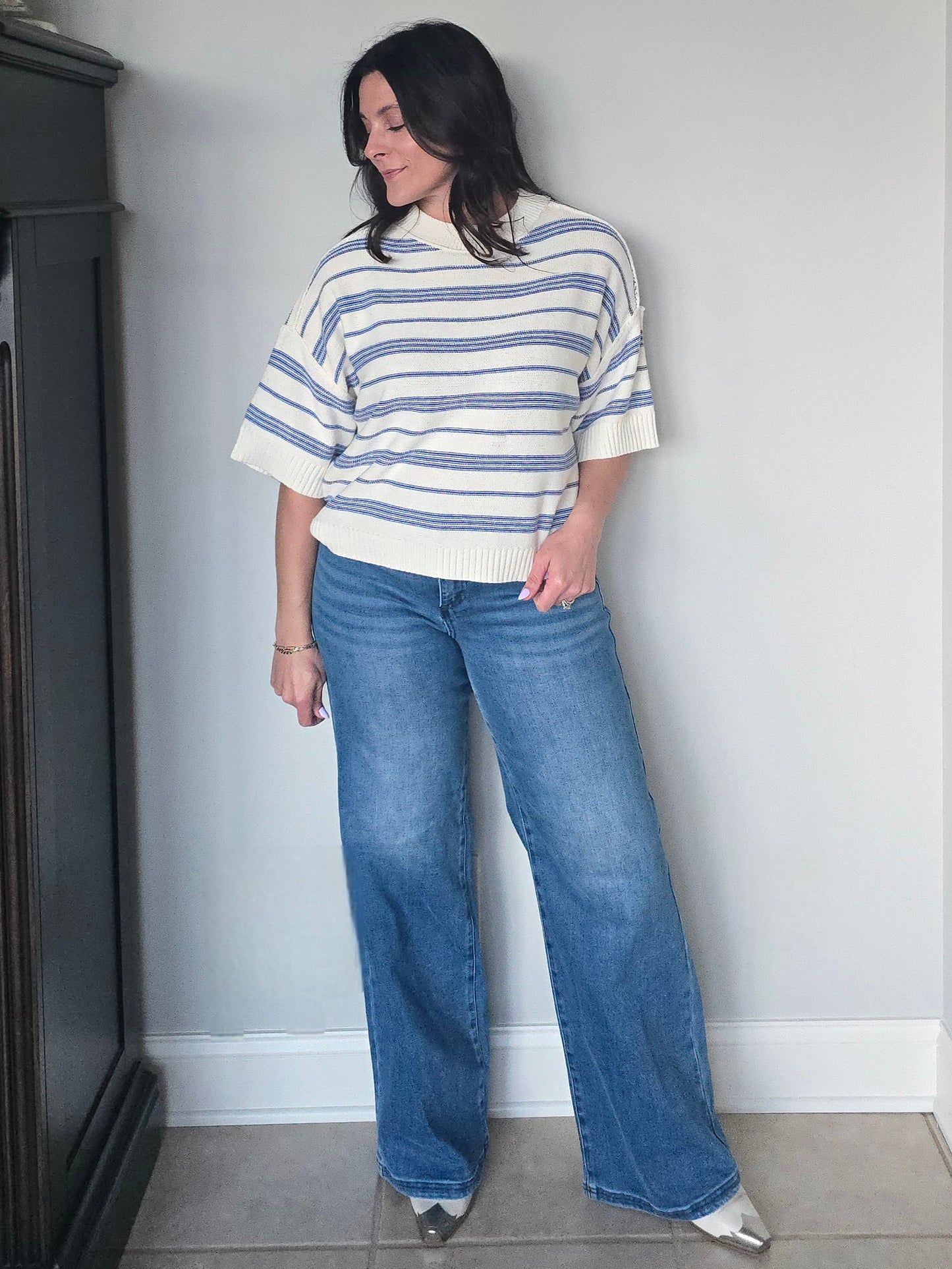 Inside Out Cream + Navy Stripe Short Sleeve Sweater