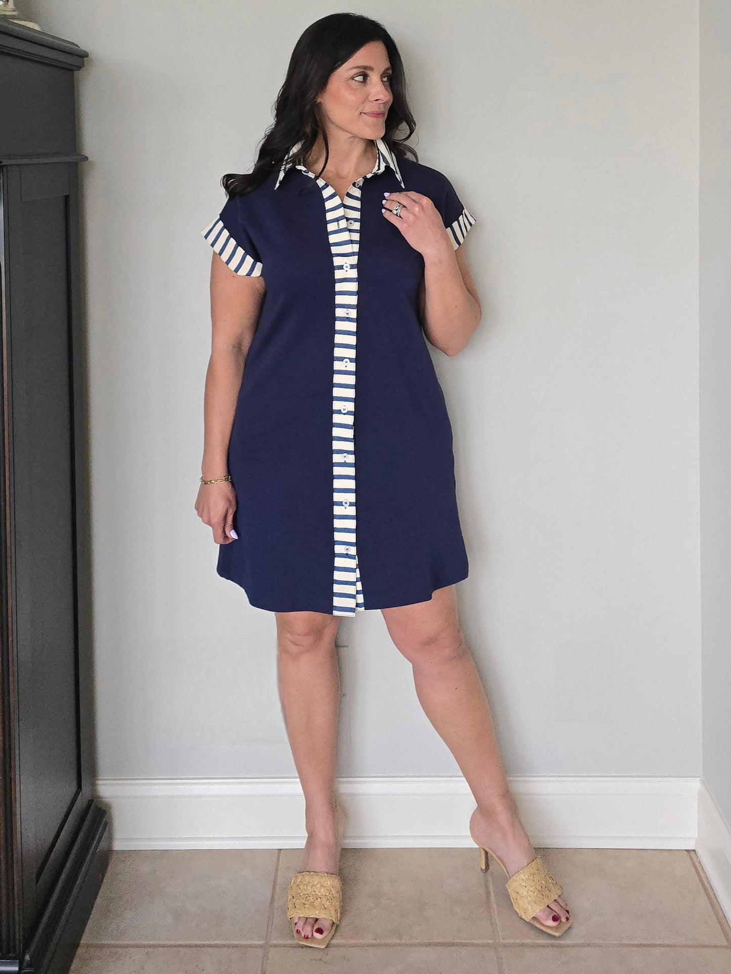 Navy Collared Stripe Accent Dress
