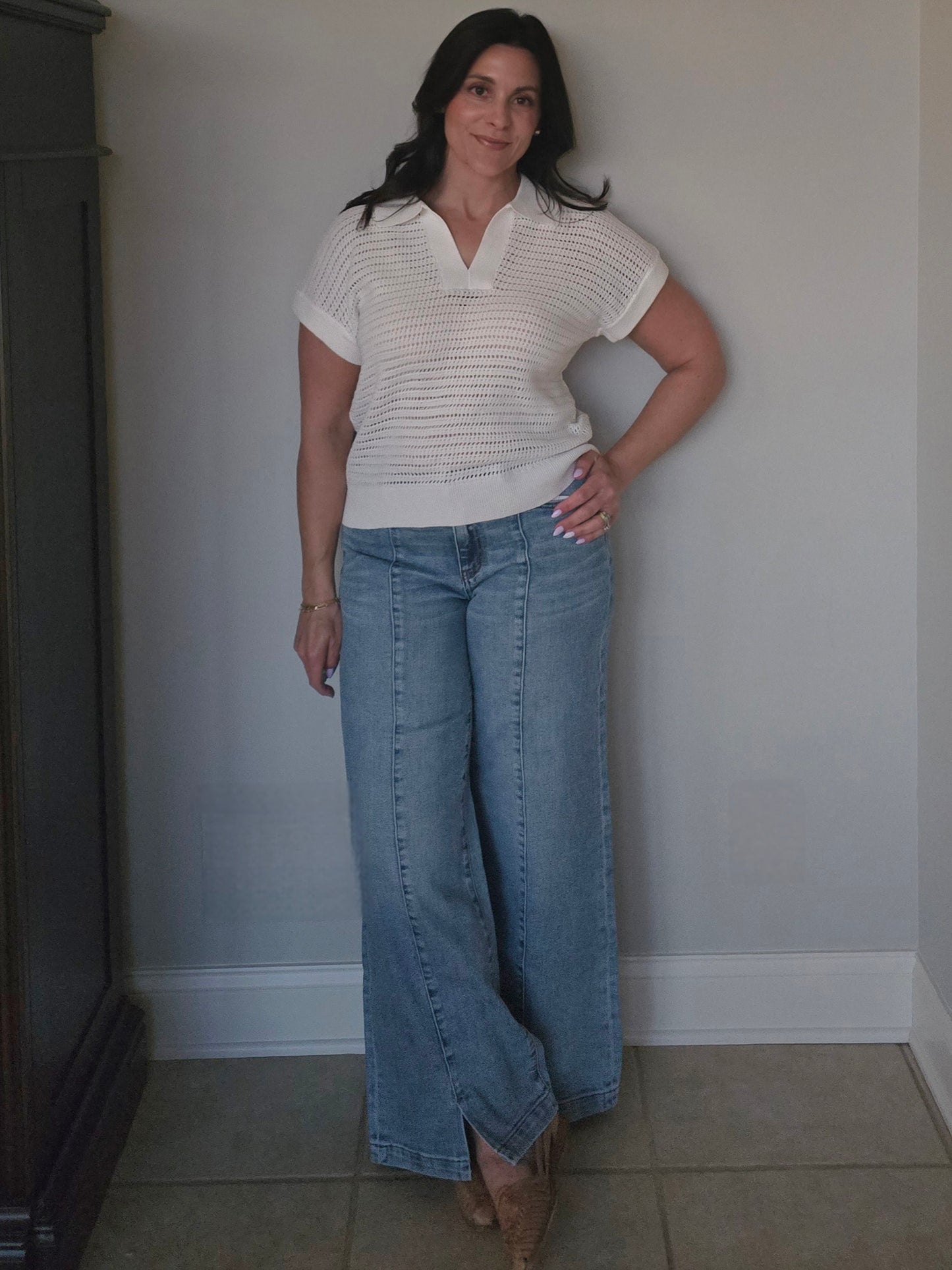 Cream Open Knit Polo