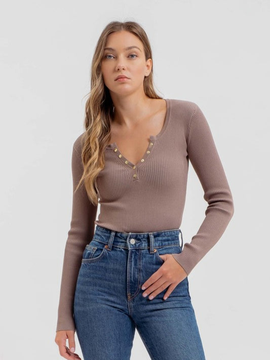 Henley Rib Knit Top with Snap Buttons