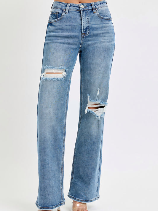 High Rise Distressed Wide Leg Jeans