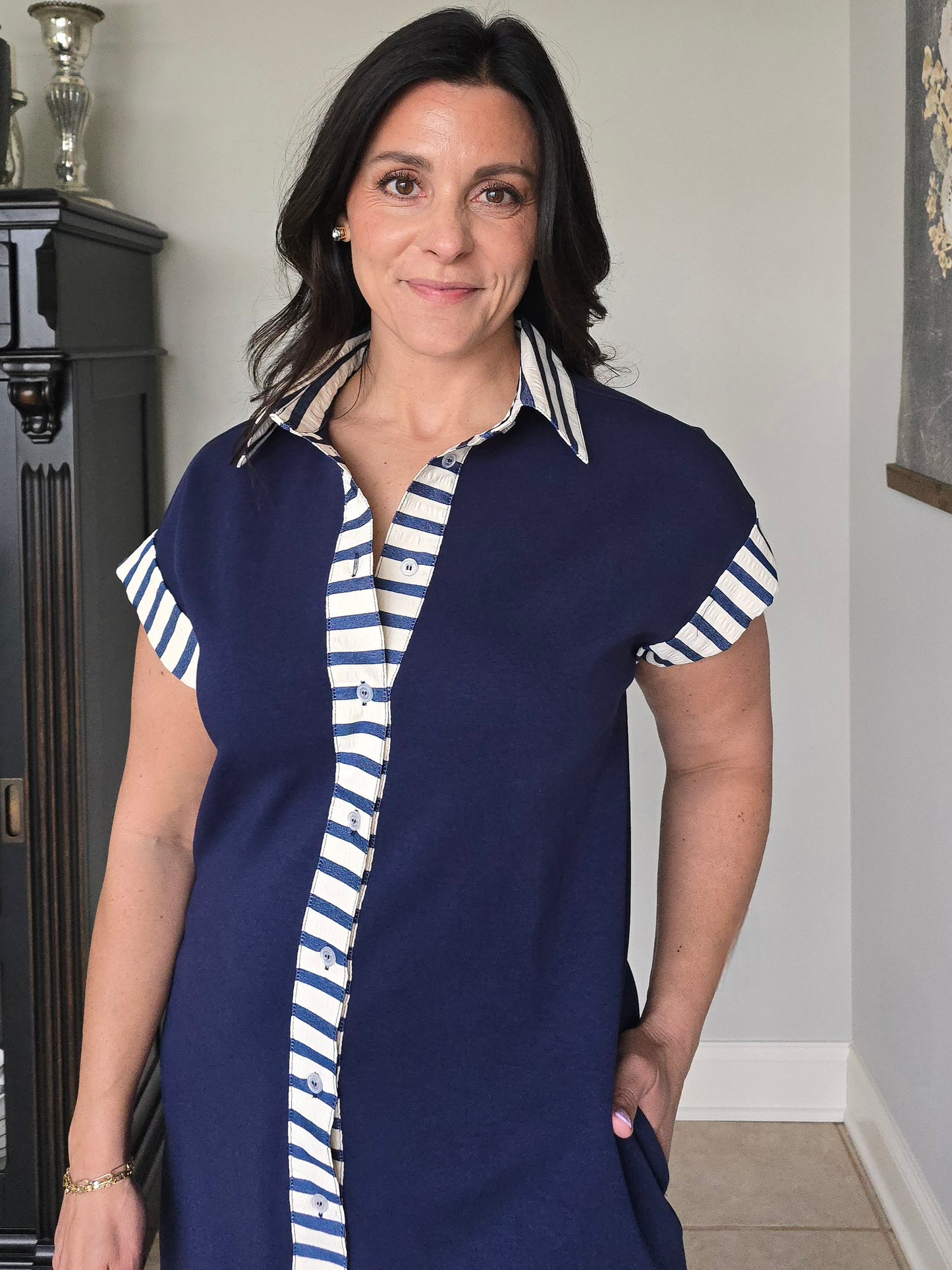 Navy Collared Stripe Accent Dress