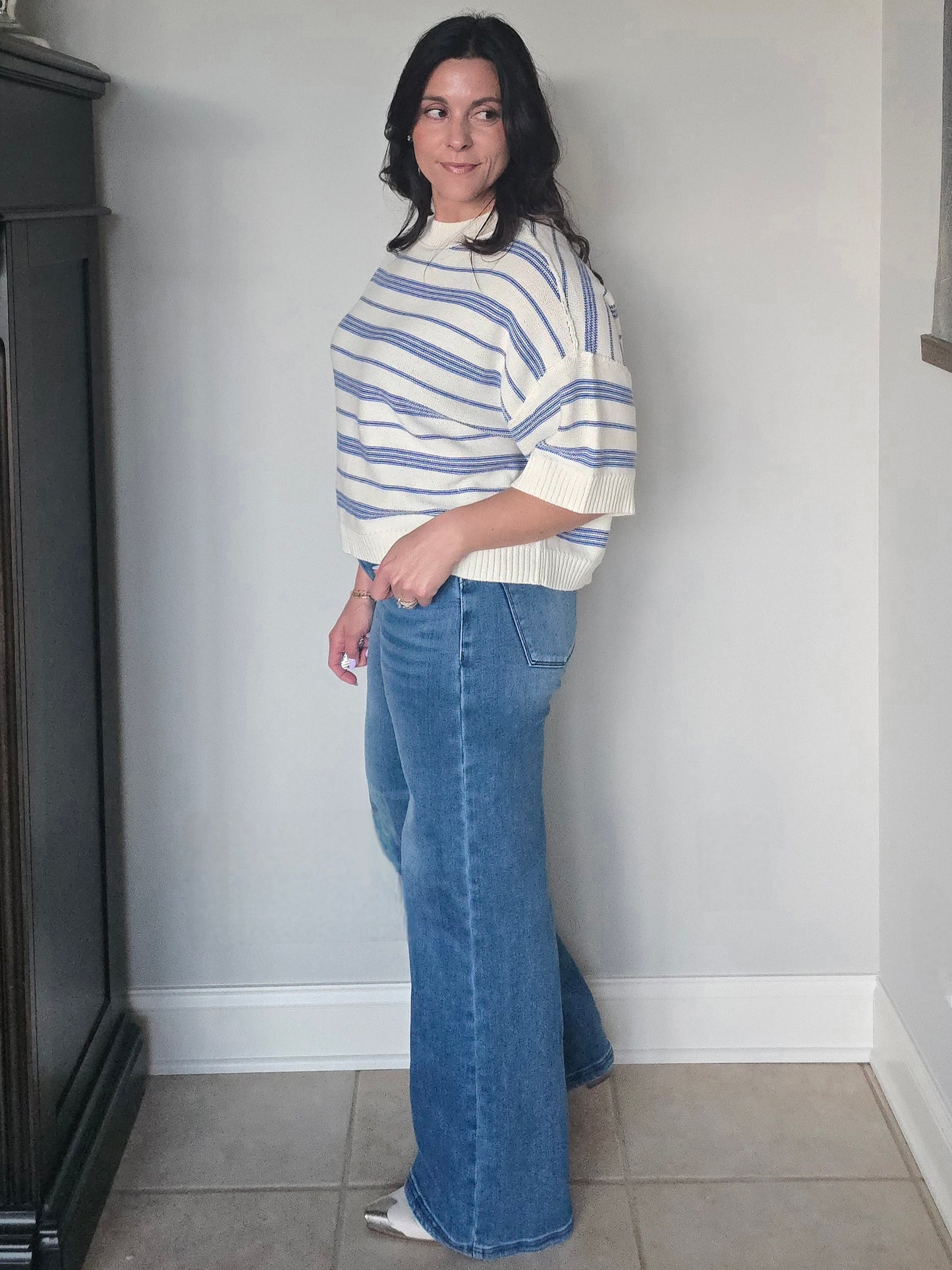 Inside Out Cream + Navy Stripe Short Sleeve Sweater