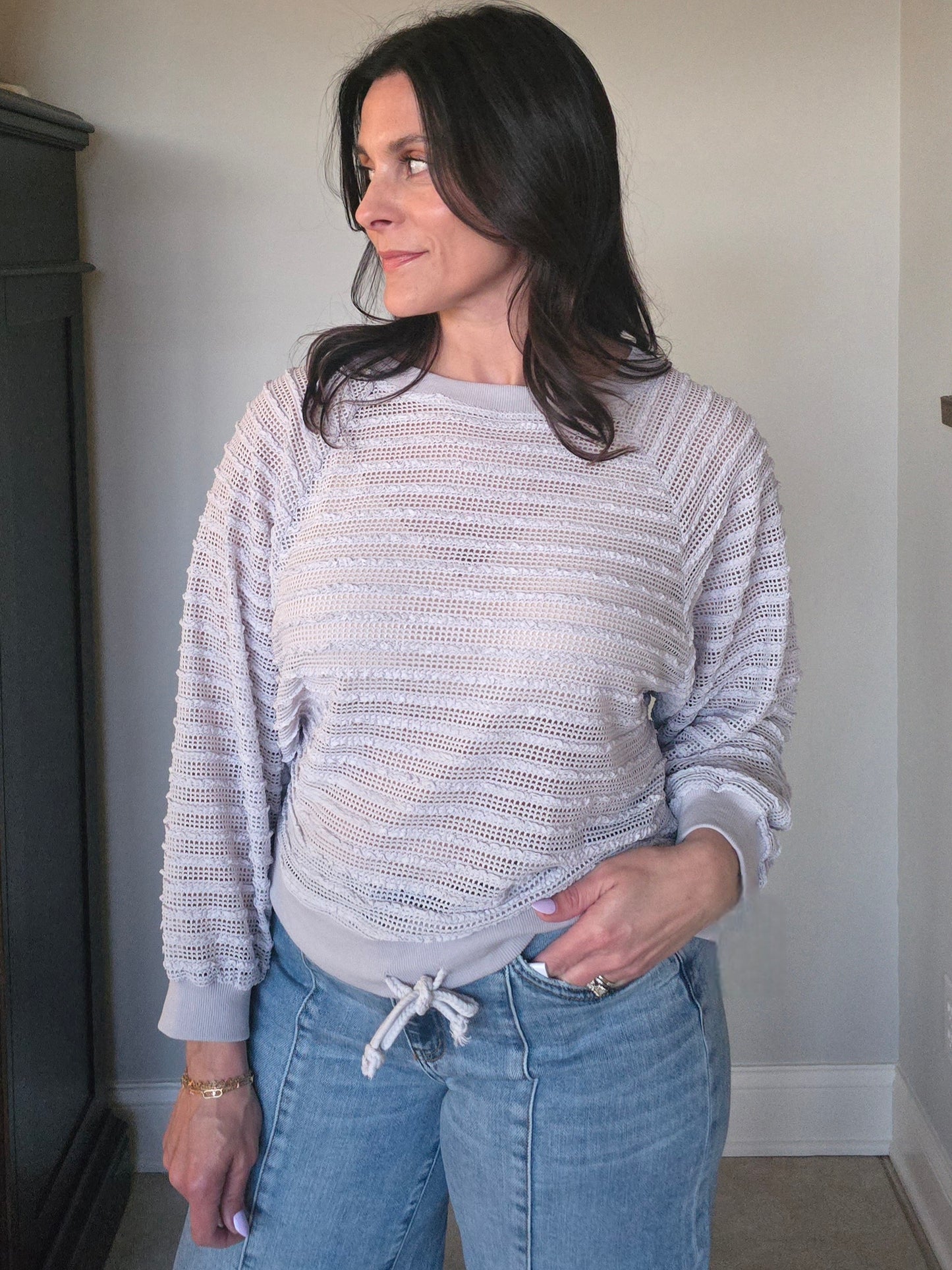 Drawstring Textured Knit Pullover